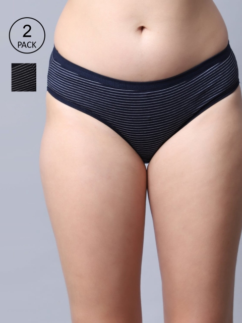 

GRACIT Women Pack Of 2 Black & Navy Blue Striped Hipster Cotton Briefs