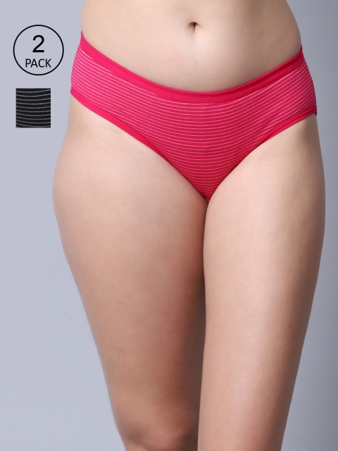 

GRACIT Women Pink and Black Pack Of 2 Striped Hipster Briefs