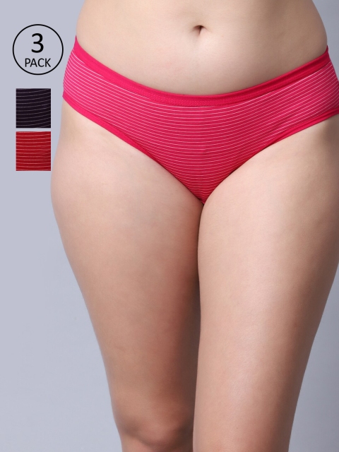 

GRACIT Women Pack Of 3 Striped Hipster Cotton Briefs, Red
