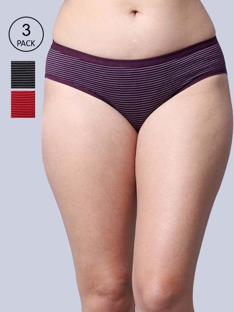 

GRACIT Women Pack of 3 Striped Hipster Cotton Briefs, Black