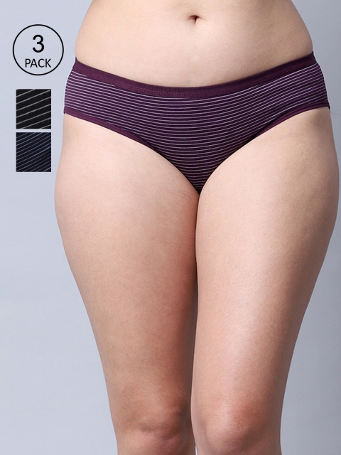 

GRACIT Women Pack Of 3 Striped Cotton Hipster Briefs, Black
