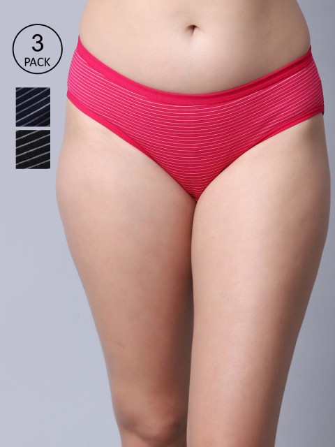 

GRACIT Women Pack Of 3 Striped Hipster Cotton Briefs, Black
