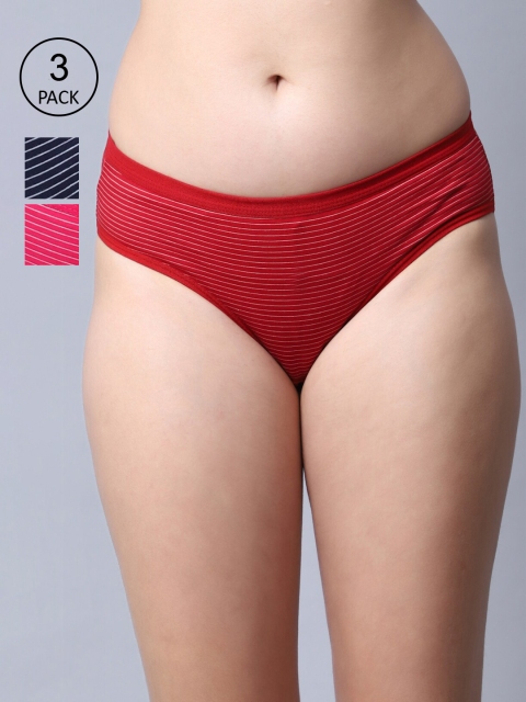 

GRACIT Women Pack Of 3 Striped Hipster Cotton Briefs, Red
