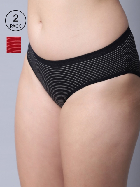

GRACIT Women Pack Of 2 Black & Red Striped Hipster Cotton Briefs