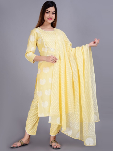 

FABISTA Women Yellow Ethnic Motifs Panelled Pure Cotton Kurti with Trousers & Dupatta