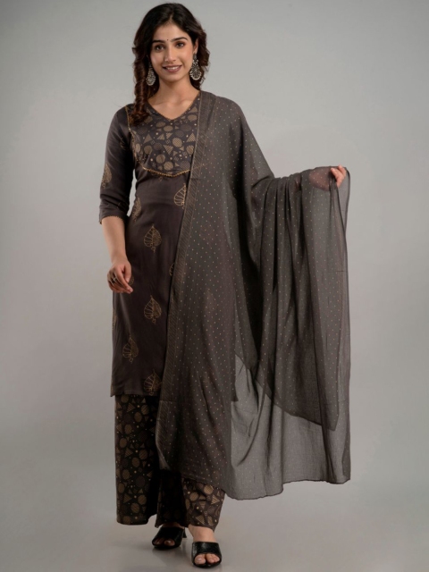 

FABISTA Women Grey Ethnic Motifs Printed Kurta with Palazzos & With Dupatta