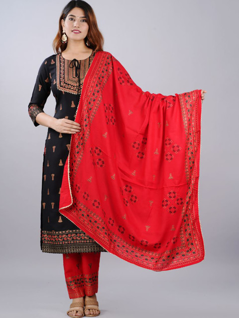 

FABISTA Women Black Ethnic Motifs Printed Kurta with Trousers & With Dupatta