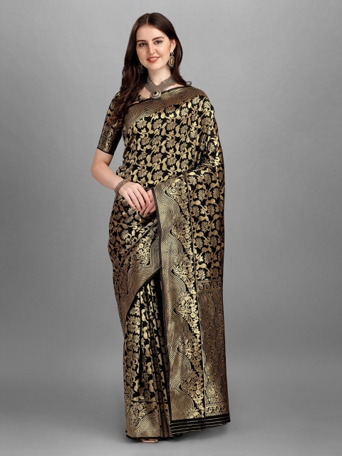 

Fashion Basket Black & Gold-Toned Floral Zari Saree