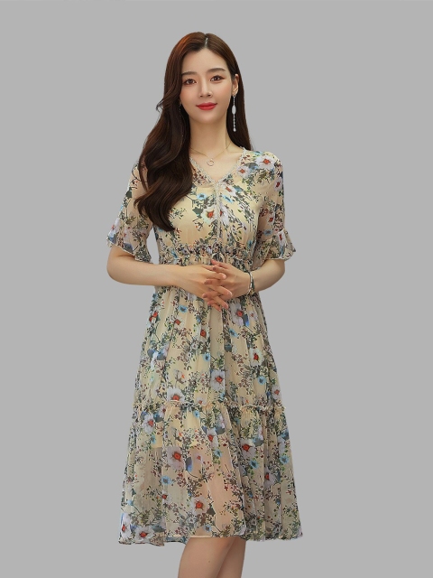 

JC Collection Beige Floral Print Ruffled Fit And Flare Dress