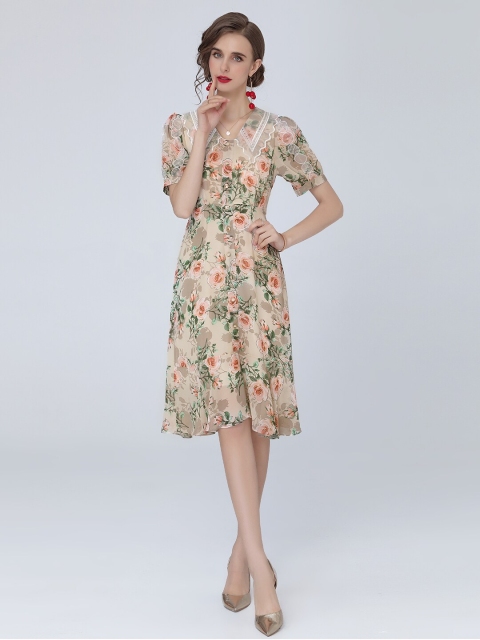 

JC Collection Women Beige Floral Print Lace Detail Dress