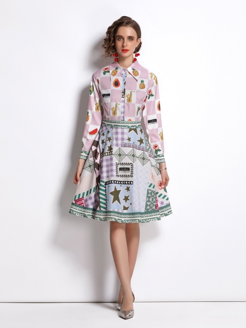 

JC Collection Women Pink & Green Shirt Collar Printed A-Line Dress