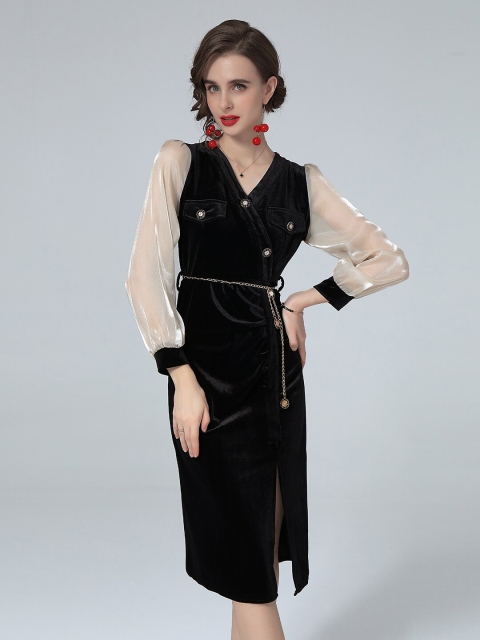 

JC Collection Women Black Bishop Sleeve Bodycon Dress