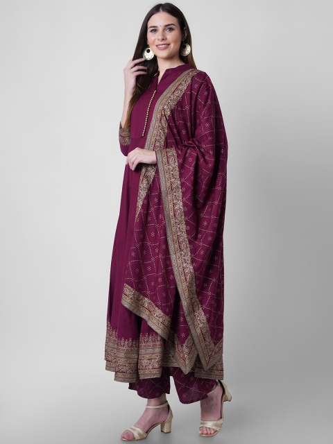 

Mollar Women Burgundy Ethnic Motifs Beads and Stones Kurta with Churidar & With Dupatta