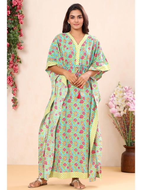 

mirari Green Floral Printed Kaftan Maxi Nightdress