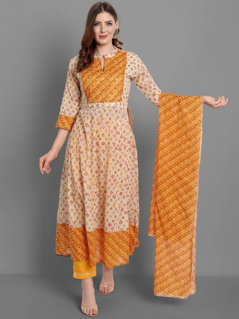 

SINGNI Women Mustard Ethnic Motifs Printed Cotton Kurta with Trousers & With Dupatta