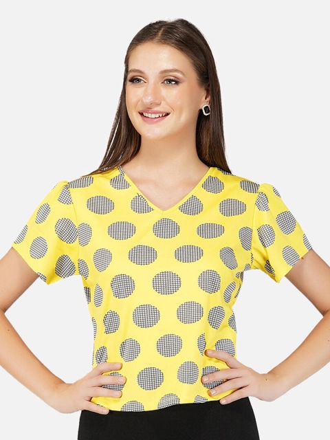 

ASEELO Womens Yellow & Black Short Sleeve V-Neck Print Top