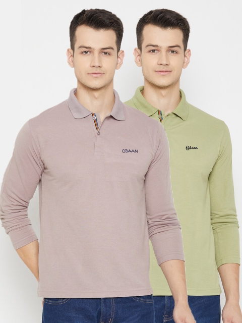 

Obaan Men Pack Of 2 Grey & Olive Green Brand Logo Polo Collar T-shirt