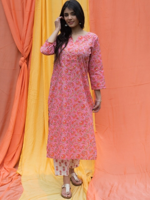 

SVARCHI Women Pink Floral Printed Pure Cotton Kurta with Trousers