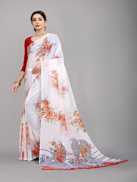 

Ratan Creation Off White & Pink Floral Pure Georgette Saree
