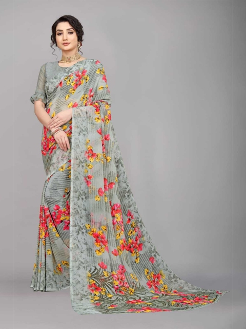 

Ratan Creation Grey & Pink Floral Pure Georgette Saree