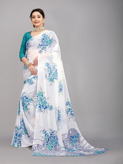 

Ratan Creation Women Off White & Blue Floral Printed Pure Georgette Saree
