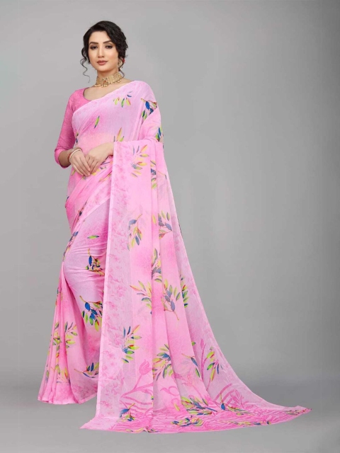 

Ratan Creation Women Pink & Blue Floral Printed Pure Georgette Saree