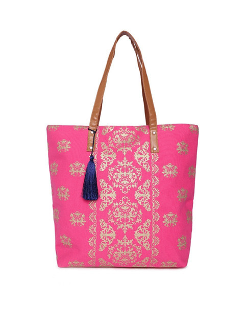 

Kanvas Katha Peach-Coloured Ethnic Motifs Printed Shopper Tote Bag with Tasselled