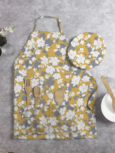 

HOUZZCODE Unisex Grey & Yellow Set of 2 Printed Apron With Chef Cap