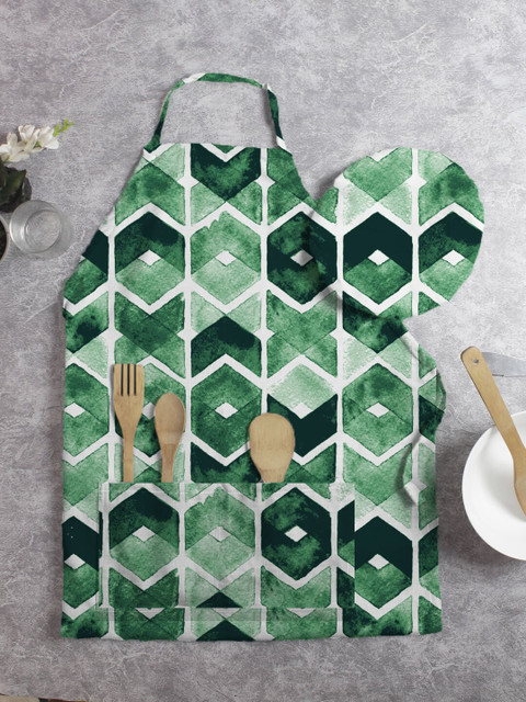 

HOUZZCODE Unisex Green Printed Apron With Chef Cap