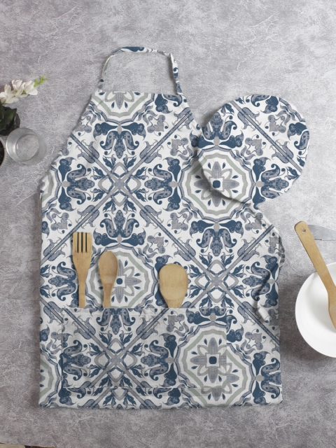 

HOUZZCODE Unisex Blue & White Printed Apron With Chef Cap
