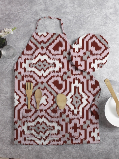 

HOUZZCODE Pack Of 2 Maroon Printed Apron With Chef Cap