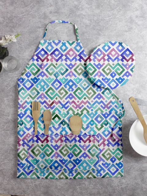 

HOUZZCODE White & Blue Geometric Print Apron With Cap