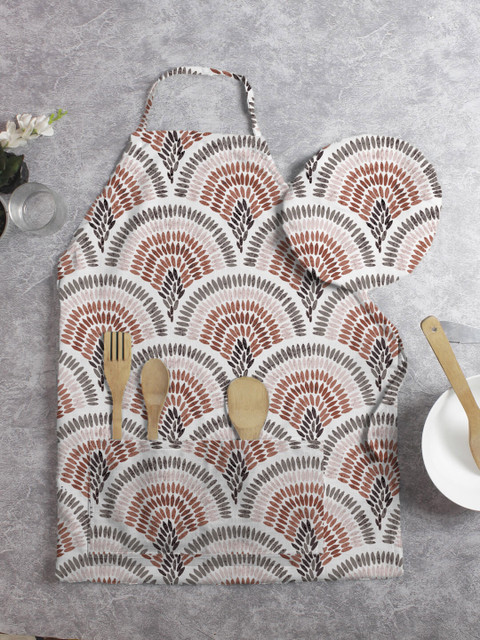 

HOUZZCODE Unisex White & Brown Printed Apron With Chef Cap