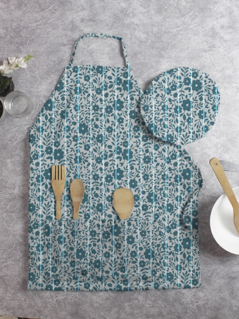 

HOUZZCODE Set of 2 Sea Green Floral Printed Apron With Cap