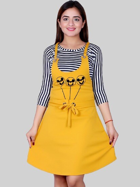 

Elendra jeans Girls Yellow & White Printed Cotton Dungarees Dress with Striped T-Shirt