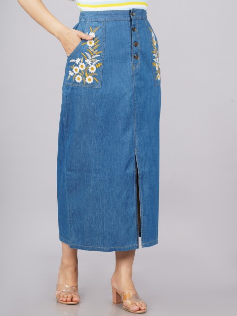 

SUMAVI-FASHION Women Blue Solid Embroidered Denim Skirt