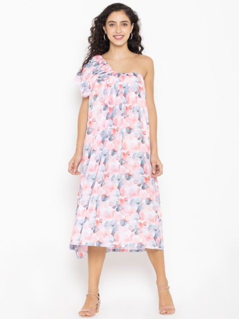 

SEW YOU SOON Pink Floral One Shoulder Chiffon A-Line Midi Dress