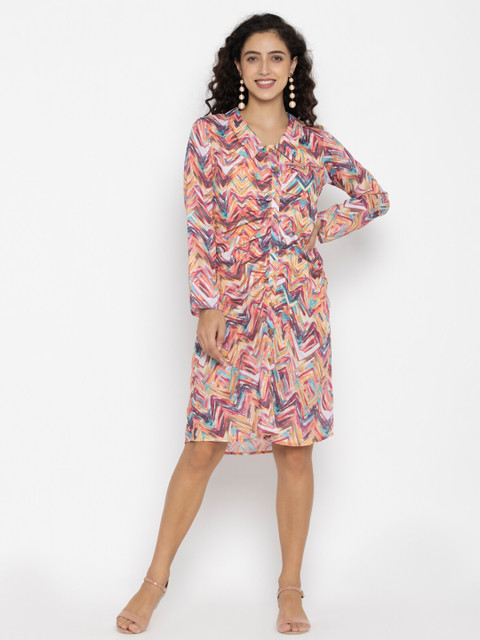 

SEW YOU SOON Peach-Coloured & Blue Zigzag Printed Shirt Dress