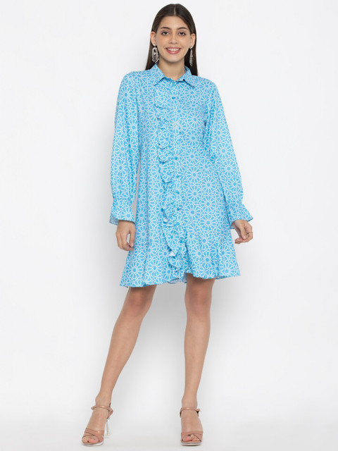 

SEW YOU SOON Blue & White Printed Ruffled Crepe Shirt Dress