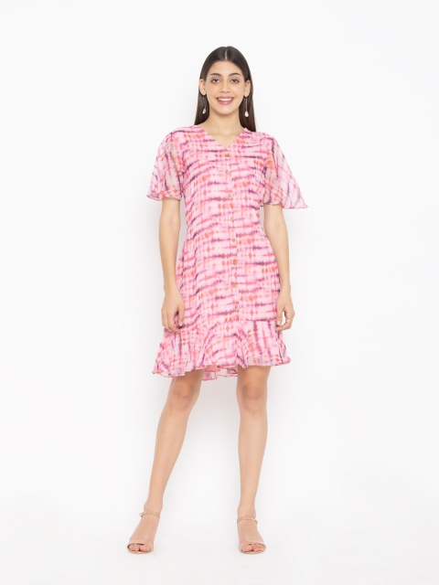 

SEW YOU SOON Pink Striped Georgette Drop-Waist Dress