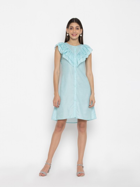 

SEW YOU SOON Pastel Green A-Line Ruffle Neck Dress