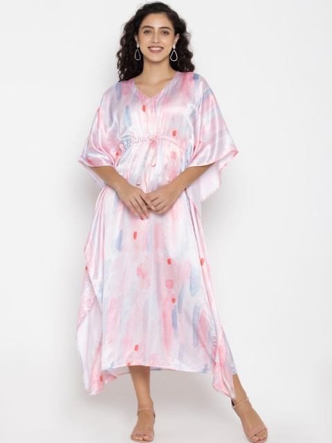 

SEW YOU SOON Pink & White Tie and Dye Satin Kaftan Midi Dress