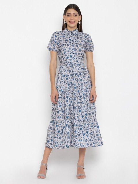 

SEW YOU SOON White & Blue Floral Printed Midi Dress