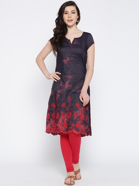 

Biba Women Navy & Red Dyed Straight Kurta, Navy blue