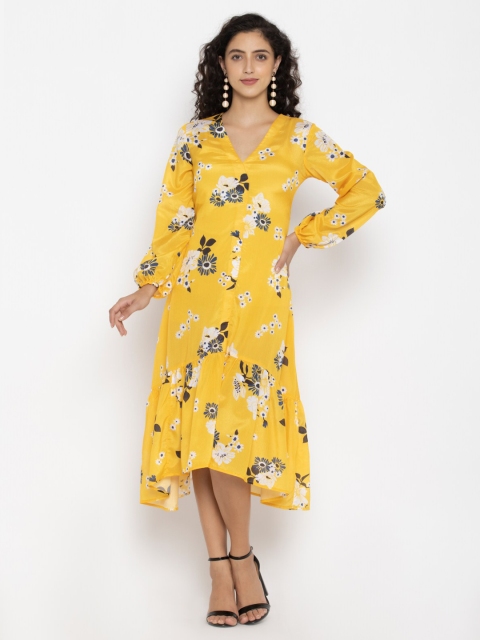 

SEW YOU SOON Yellow Floral Chiffon A-Line Midi Dress