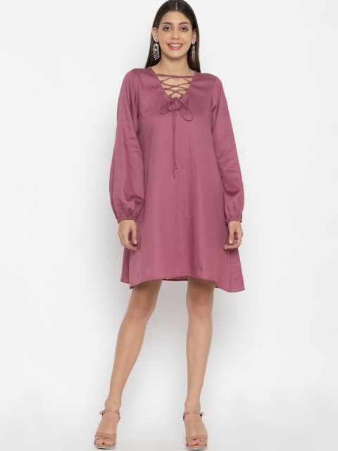 

SEW YOU SOON Pink Tie-Up Neck A-Line Dress