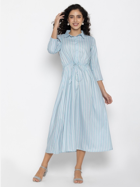 

SEW YOU SOON Blue & White Striped A-Line Midi Dress