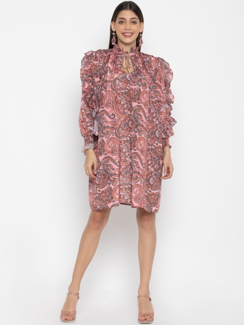 

SEW YOU SOON Pink Ethnic Motifs Tie-Up Neck Chiffon A-Line Dress