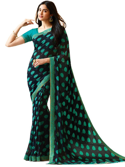 

Zainab chottani Women Blue & Green Georgette Floral Block Print Saree