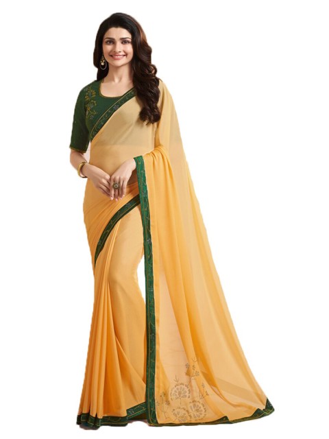 

Zainab chottani Yellow & Green Floral Pure Silk Block Print Saree